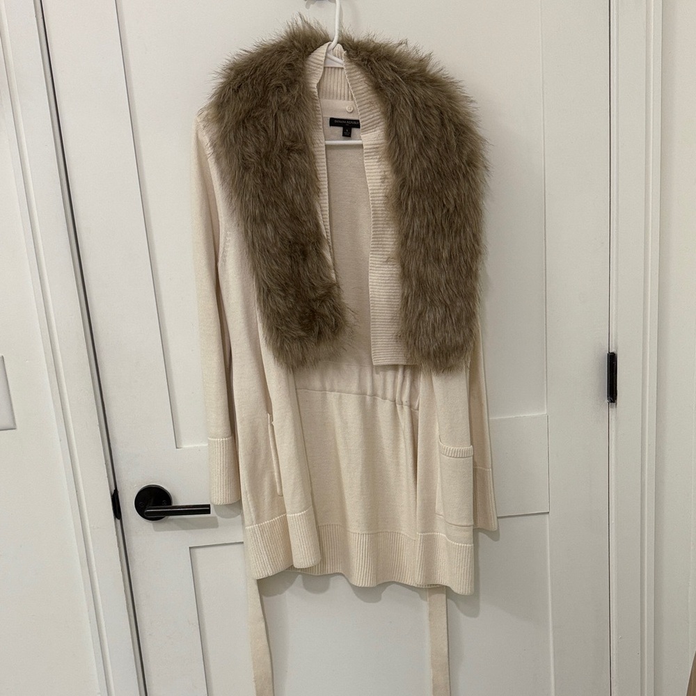 Banana Republic Cream Cardigan with Faux Fur Collar
